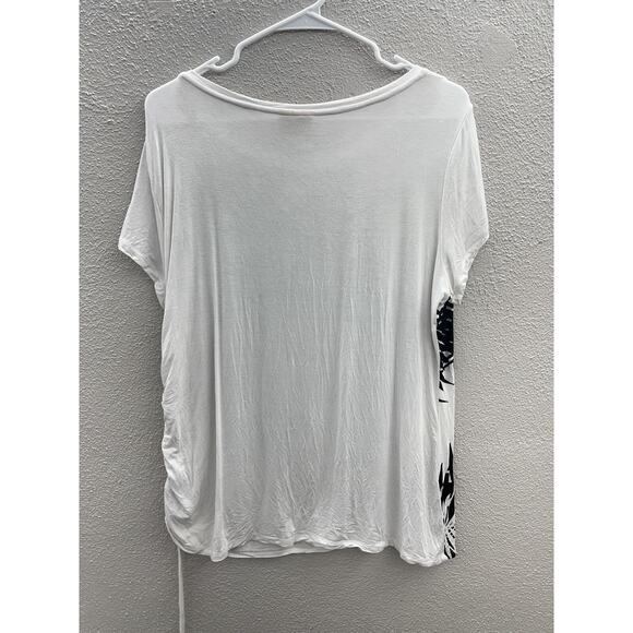 Womens Ruby Rd White Floral Beaded Neckline Ruched Side Short Sleeve Shirt Large - Picture 8 of 11